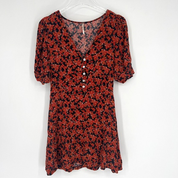 Free People Dress Womens S Red Floral Peasant Mini Cottage Prairie - Picture 1 of 8